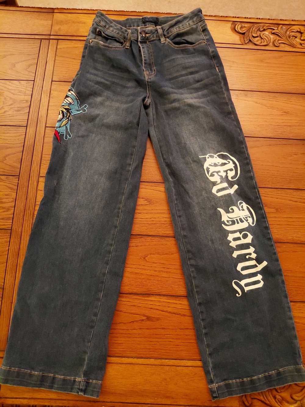 Ed Hardy Men's Straight Fit Dark Wash Blue Denim Jeans Embroidered Logo 5-Pocket